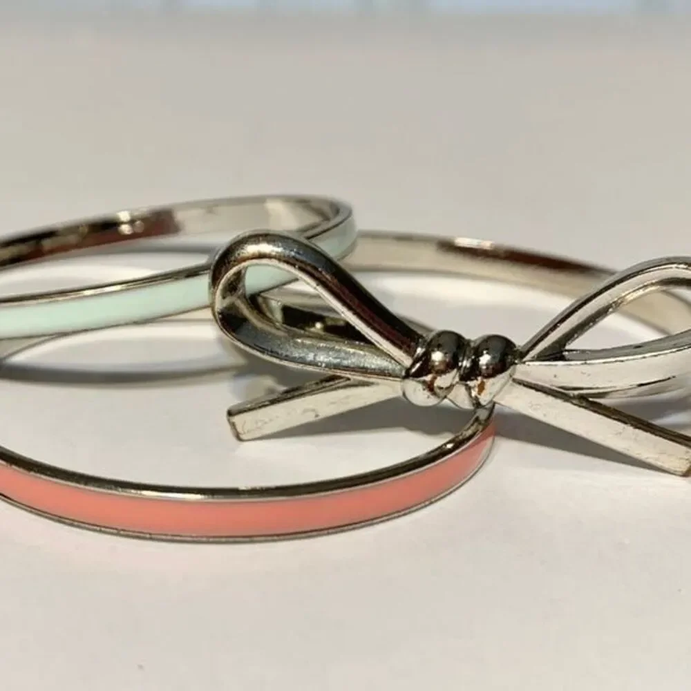 Gymboree Set of Bangle Bracelets Solid Silver Color Bow, Aqua and Coral